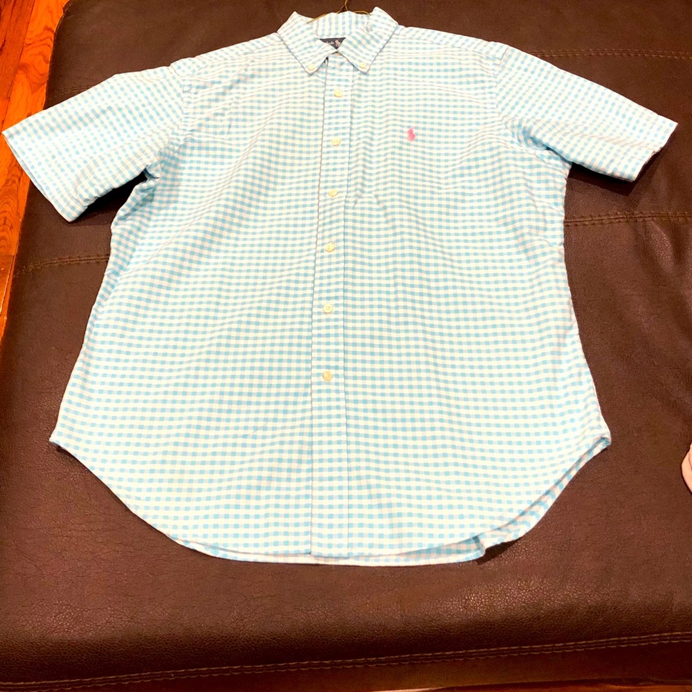 Ralph Lauren Men’s Large Short Sleeve Light Blue Plaid Button Up